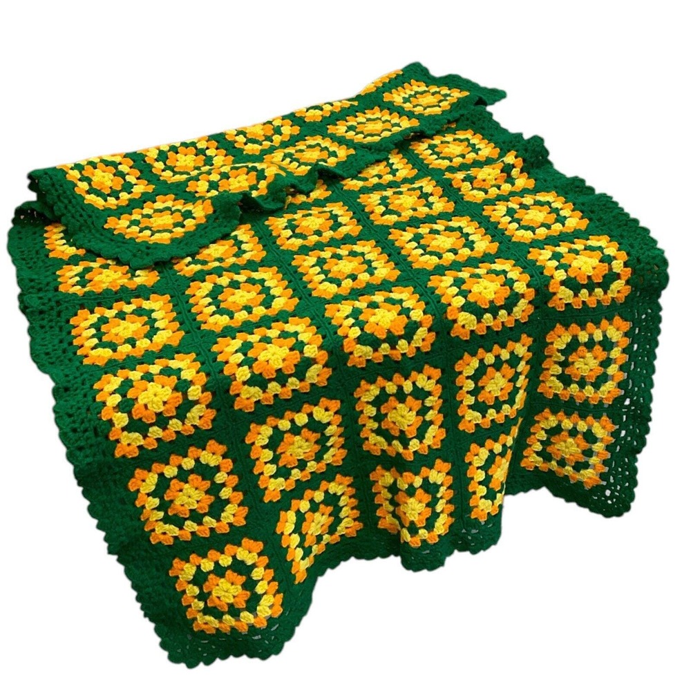 Vintage Crochet Granny Square‎ Afghan Green Yellow Sofa Throw Roseanne Couch